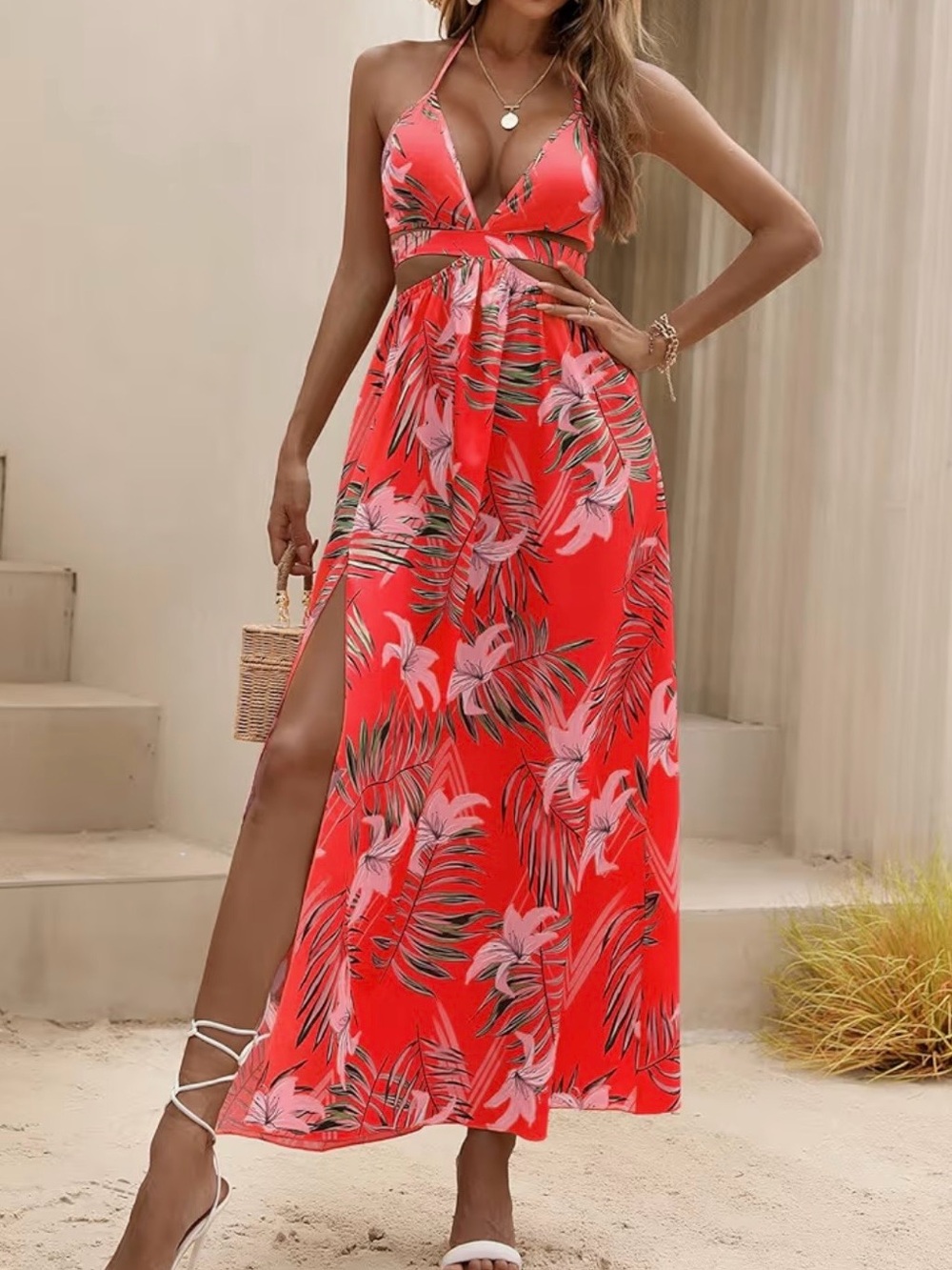 Tropical Red Floral Cutout Maxi Dress
